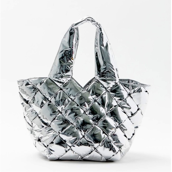 Bottega Veneta Handbags - Bottega Veneta Silver Padded Cassette Mirror Tote w/Detachable Zip Pouch